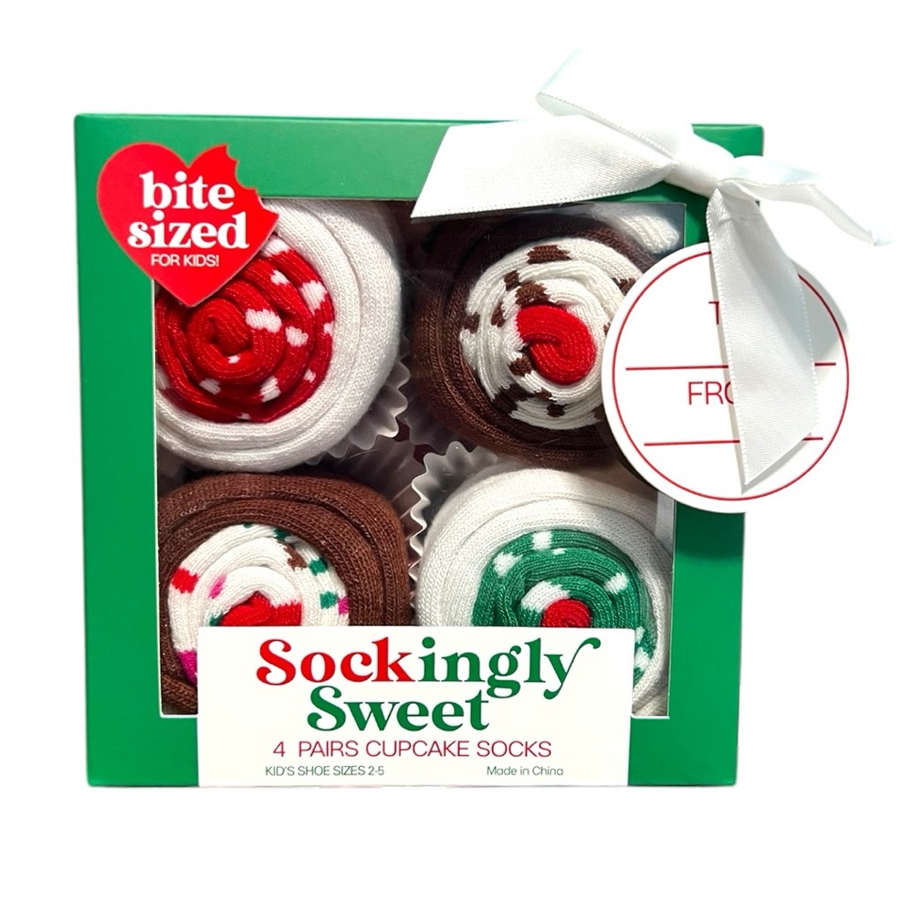 Kids Cupcake Christmas Crew Socks 4 Pack Ivory Red Green